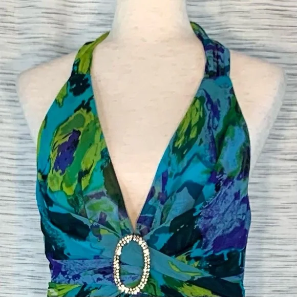 Donna Ricco Halter Maxi Gown in Blue and Green - Picture 4 of 16